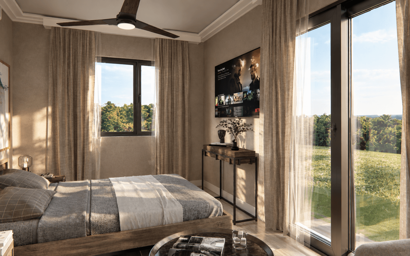 Compact hotel bedroom with floor-to-ceiling windows