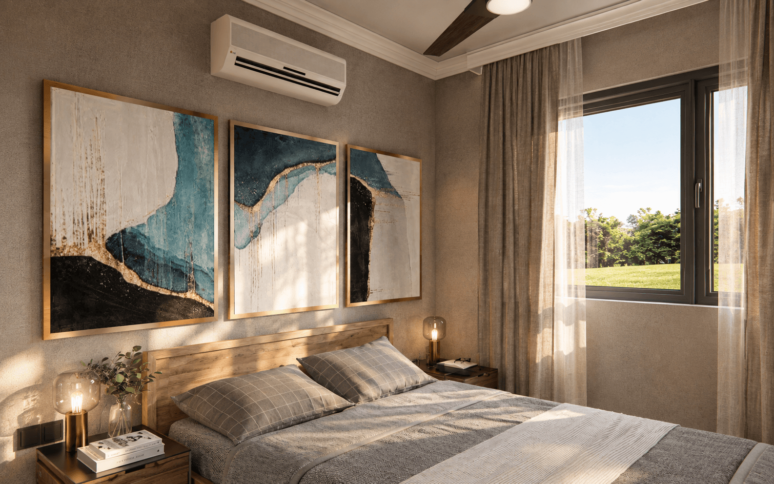 Bed beneath ceiling fan with sheer curtains