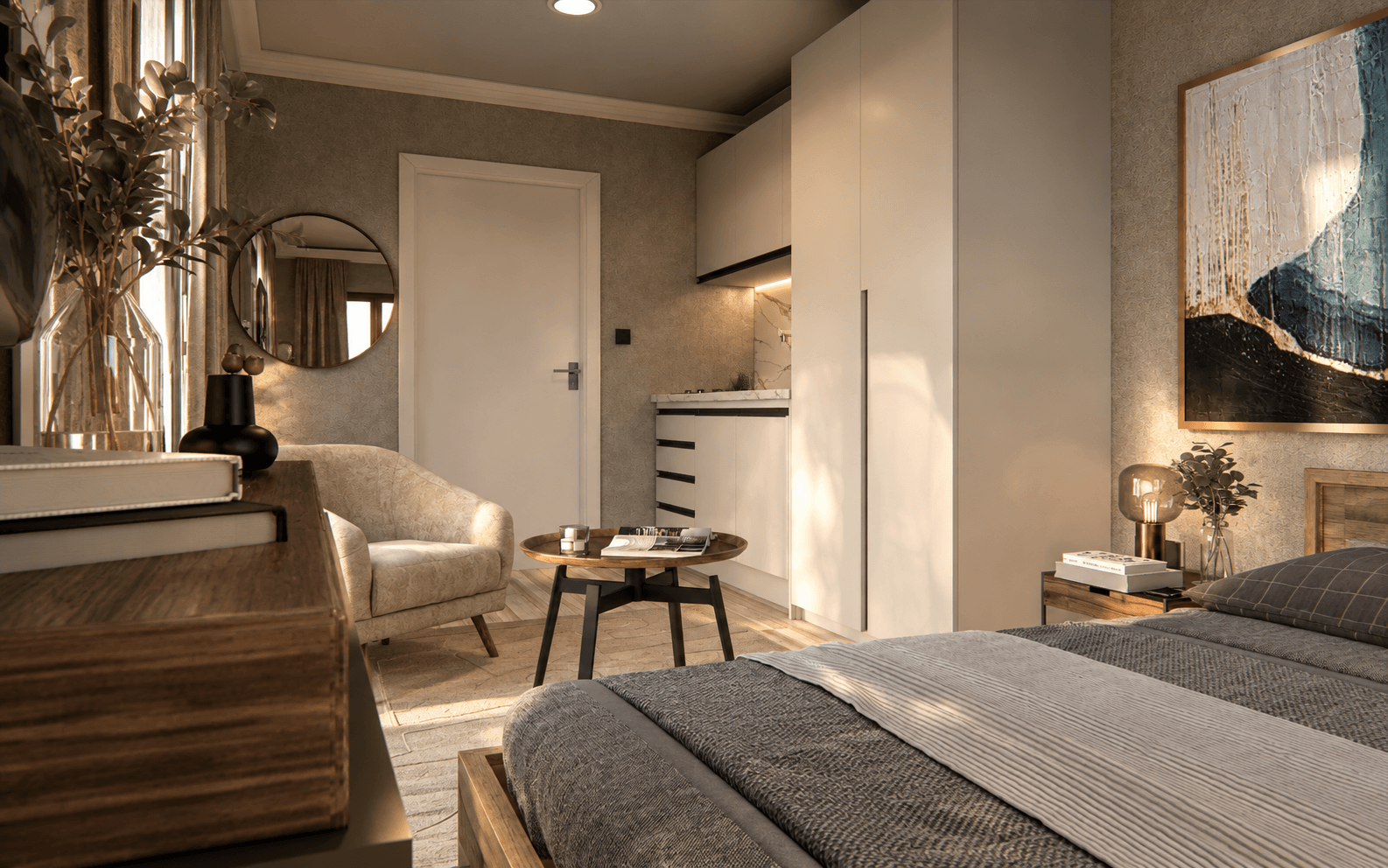 Seating nook beside the wardrobe and kitchenette