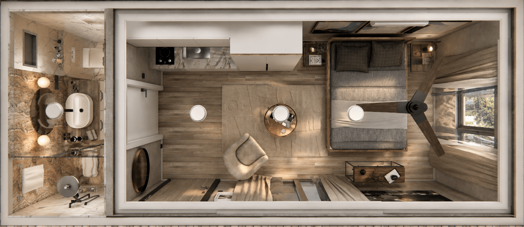 Top-down rendered layout of the compact hotel room