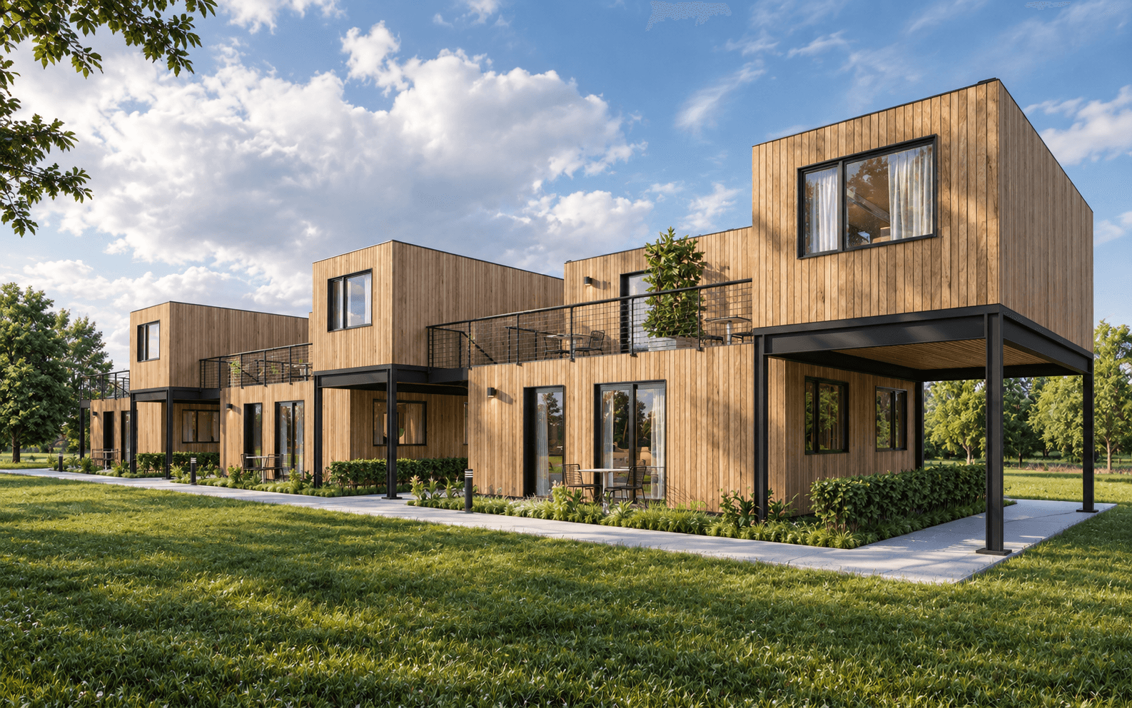 Two-story modular container hotel exterior with wood cladding