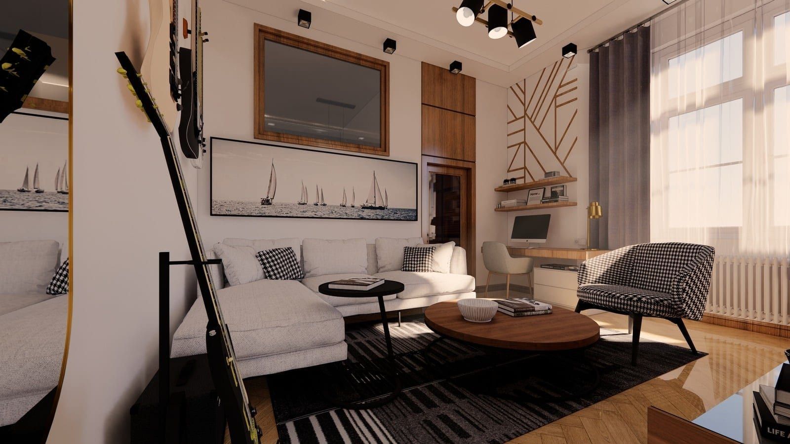 Living room with sailboat wall art and sectional sofa