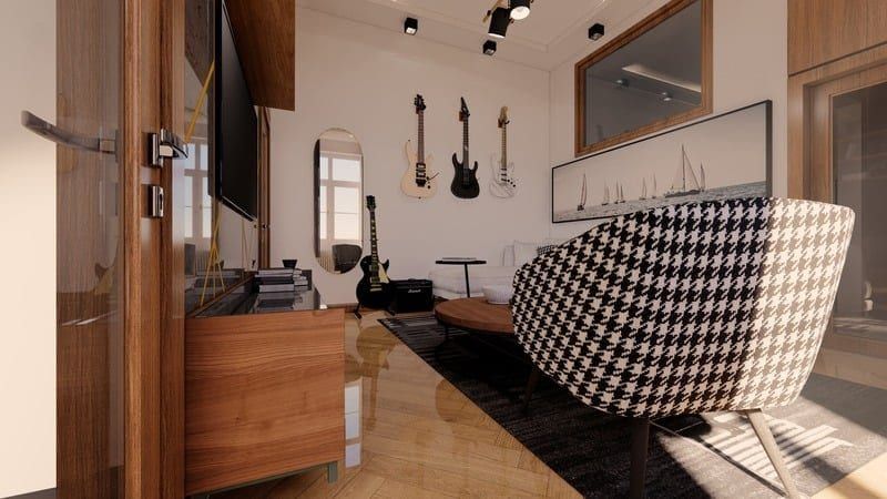 Home-office nook with guitars mounted on the wall