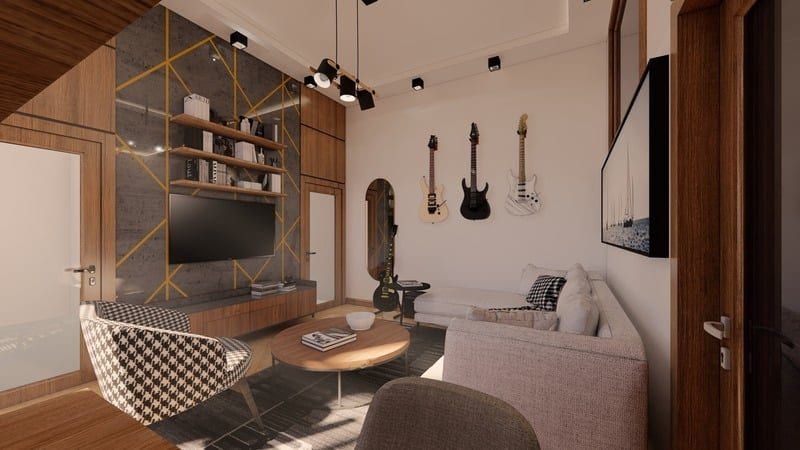 Seating area with houndstooth armchair and coffee table