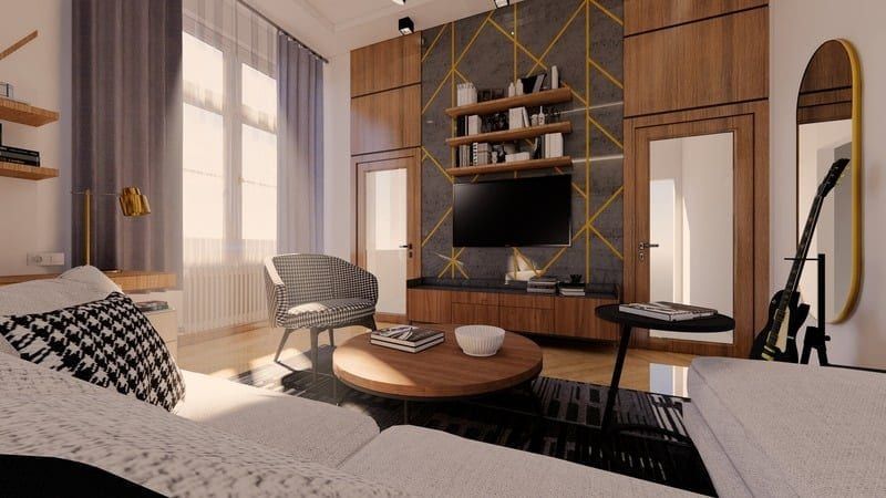 Wide view of the living space with geometric wall panel