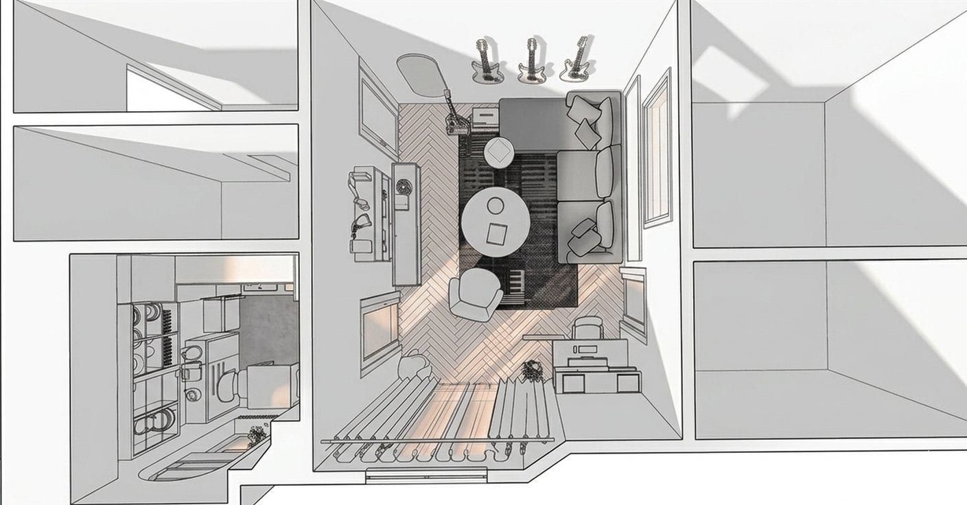Isometric line-drawing plan of the apartment layout