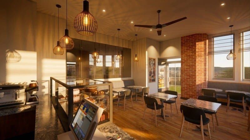 View across the dining area toward the ordering counter