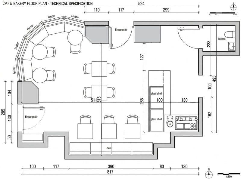 Café bakery floor plan with technical dimensions