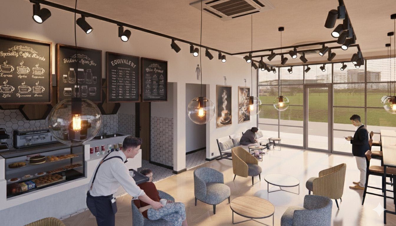 Bright modern café interior with baristas and patrons