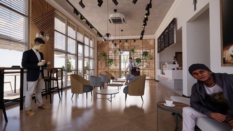 Café seating area beside large storefront windows