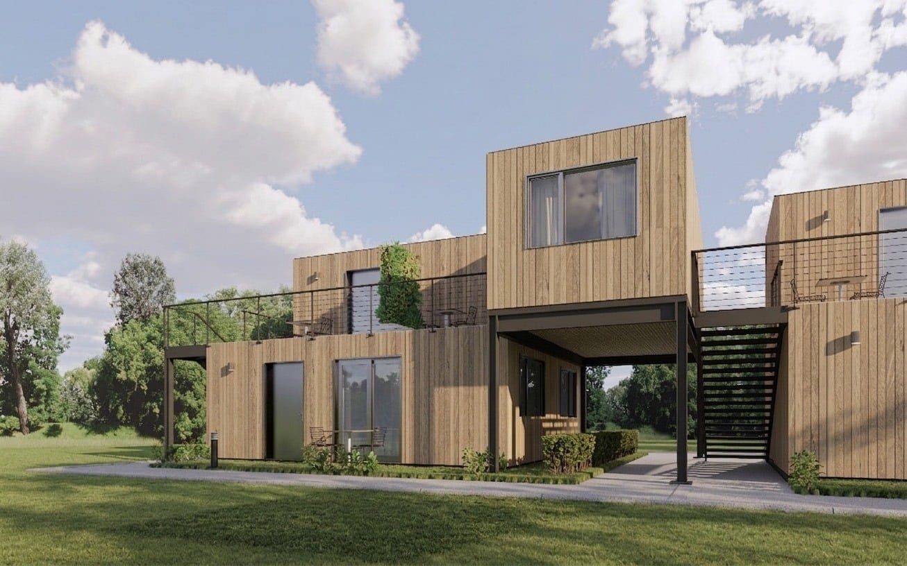 Angled exterior view showing balcony terraces
