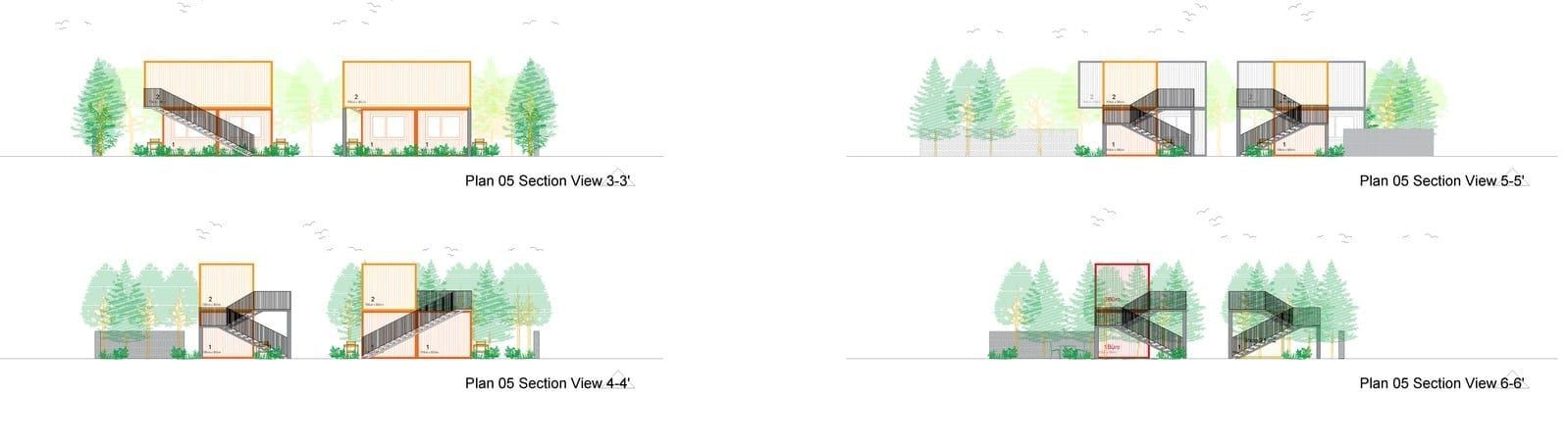 Elevation and section drawings for the container units