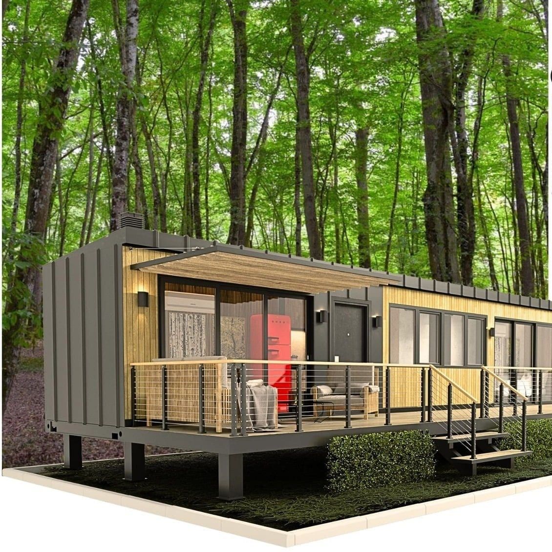 Single 40-foot container house exterior with wood deck, set in a forest