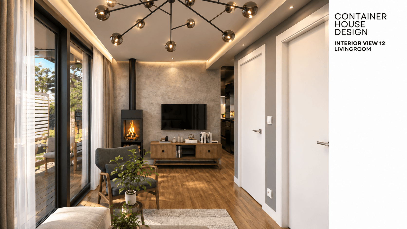 Living room interior with wood-paneled entertainment wall