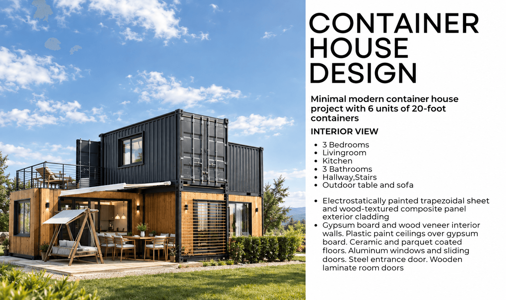 Container house exterior with rooftop terrace, daytime