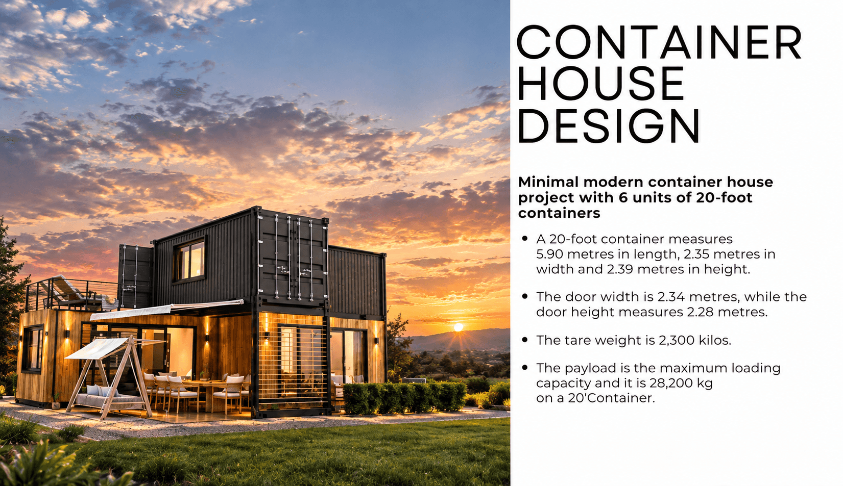 Container house exterior at dusk with dramatic sky
