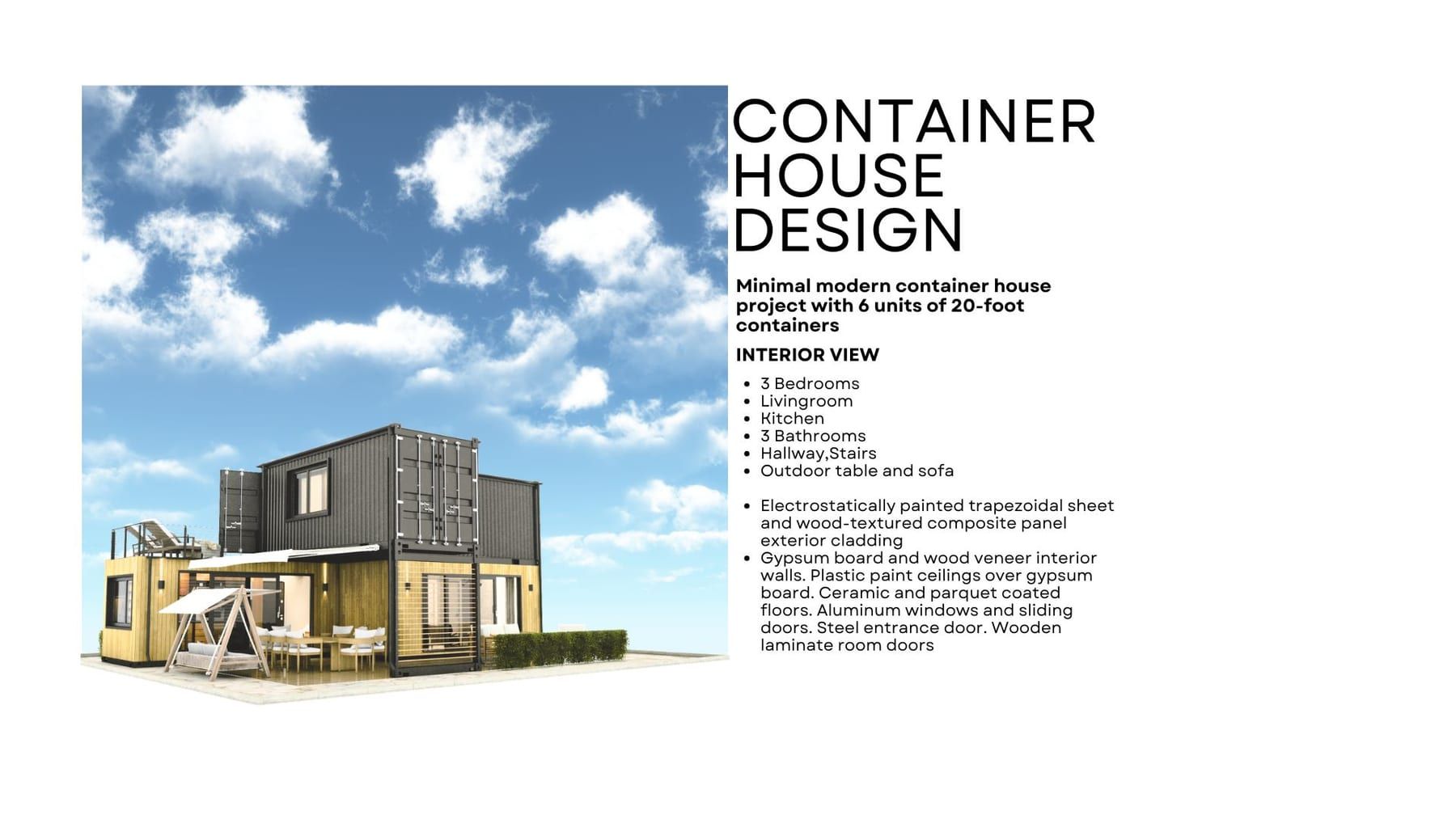 Container house exterior with rooftop terrace, daytime