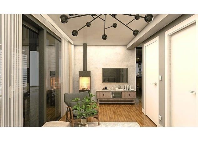 Living room interior with wood-paneled entertainment wall