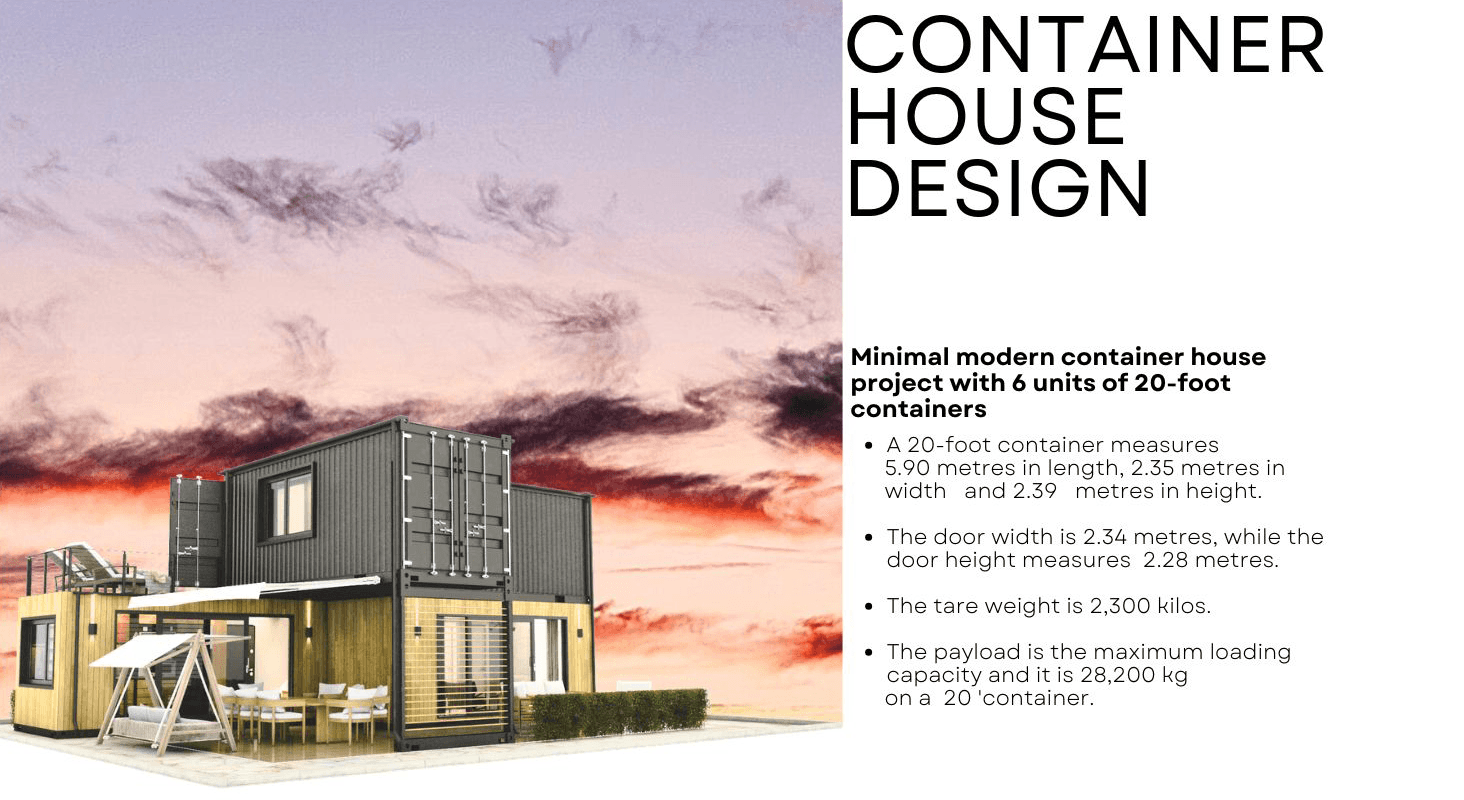 Container house exterior at dusk with dramatic sky