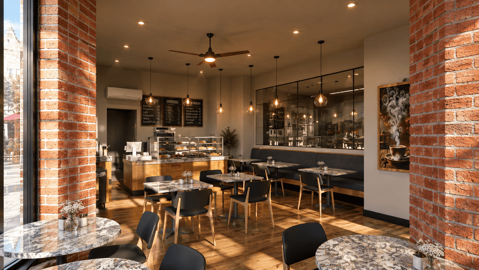 Exposed-brick café and bakery interior, wide view toward the counter