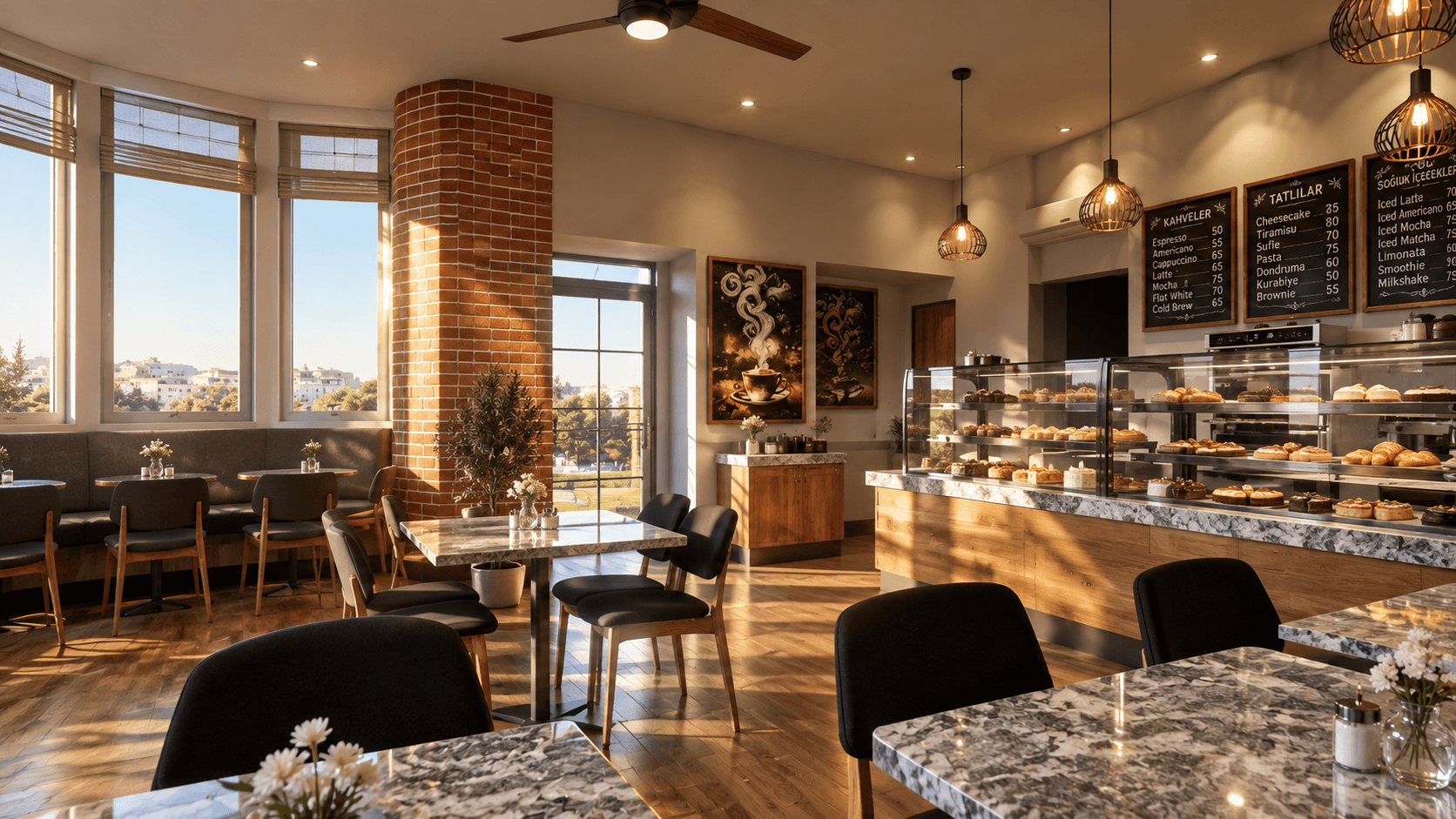 Bakery seating area beside large windows with pendant lighting