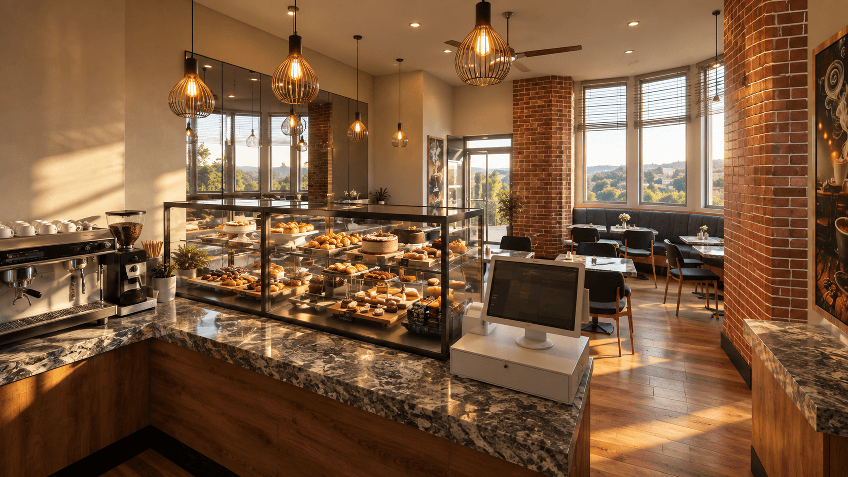View across the dining area toward the ordering counter
