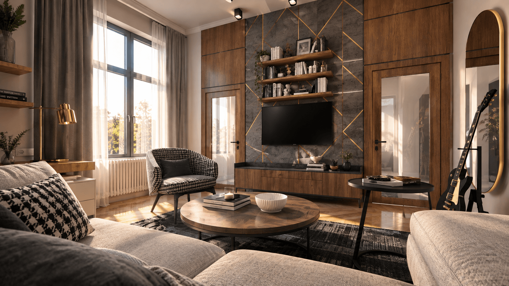 Wide view of the living space with geometric wall panel