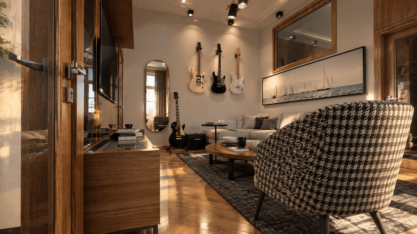 Home-office nook with guitars mounted on the wall