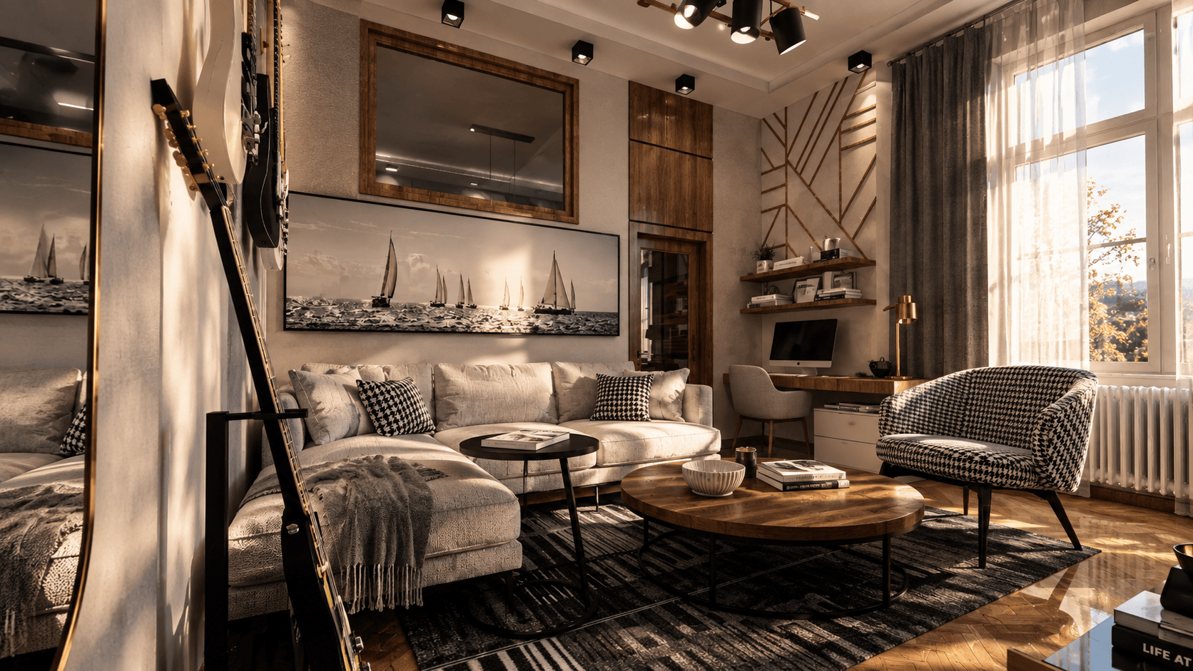 Living room with sailboat wall art and sectional sofa