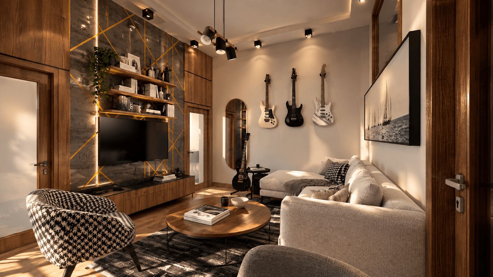 Seating area with houndstooth armchair and coffee table