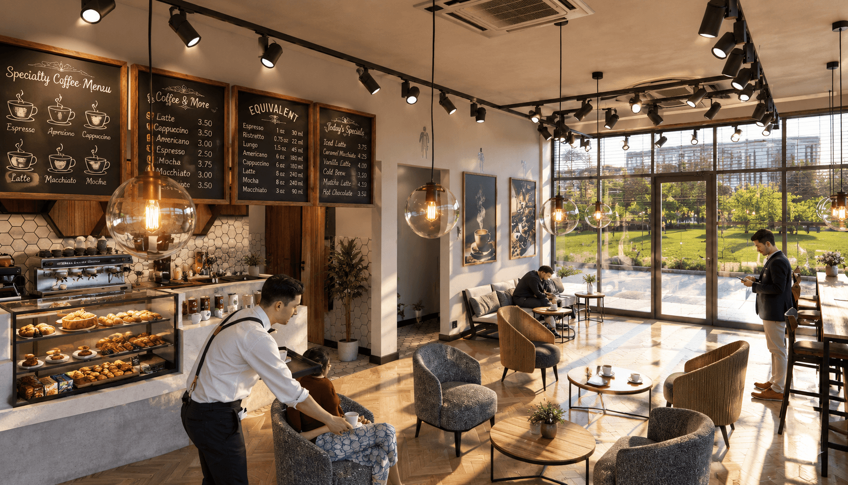 Bright modern café interior with baristas and patrons