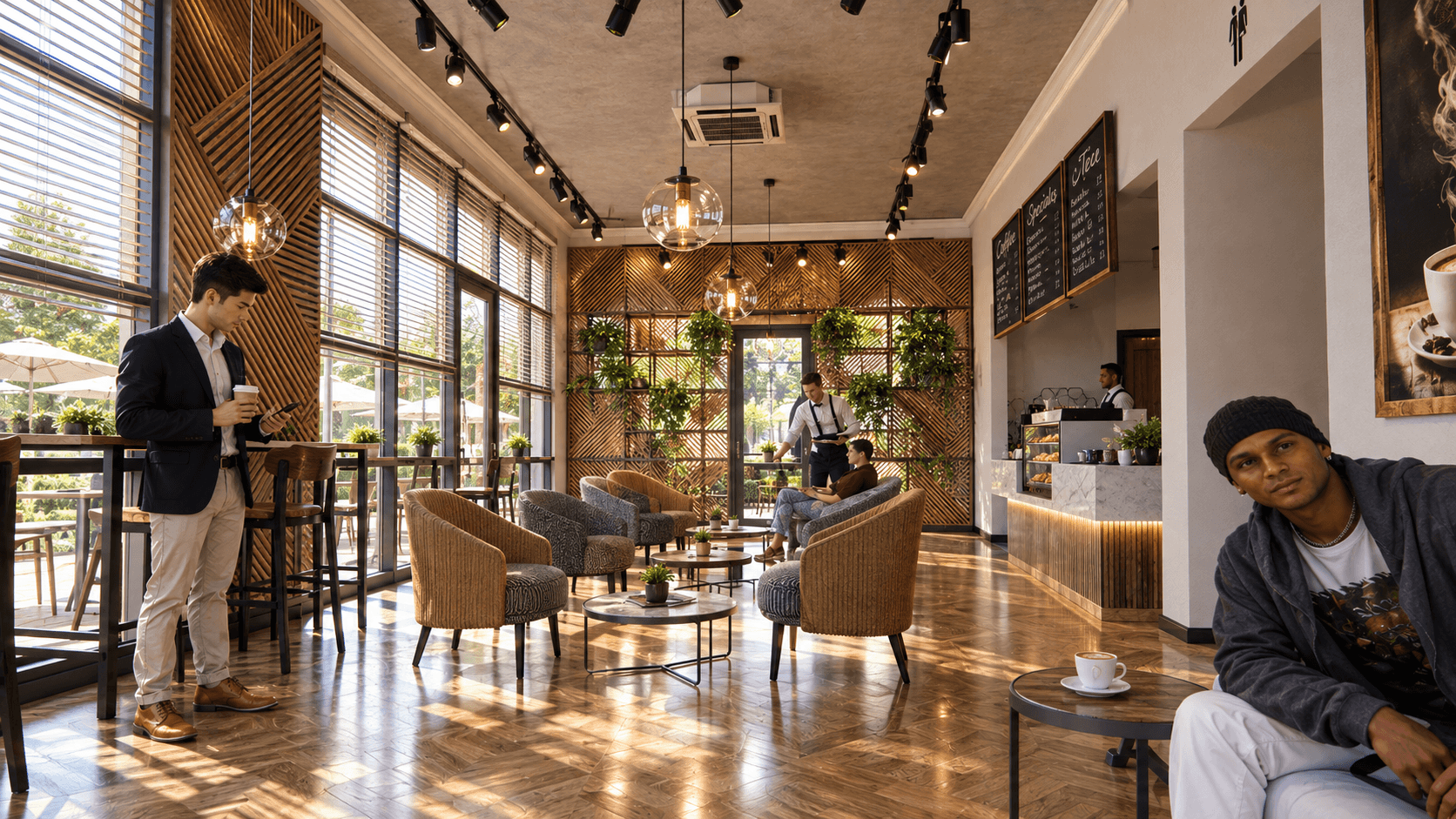 Café seating area beside large storefront windows