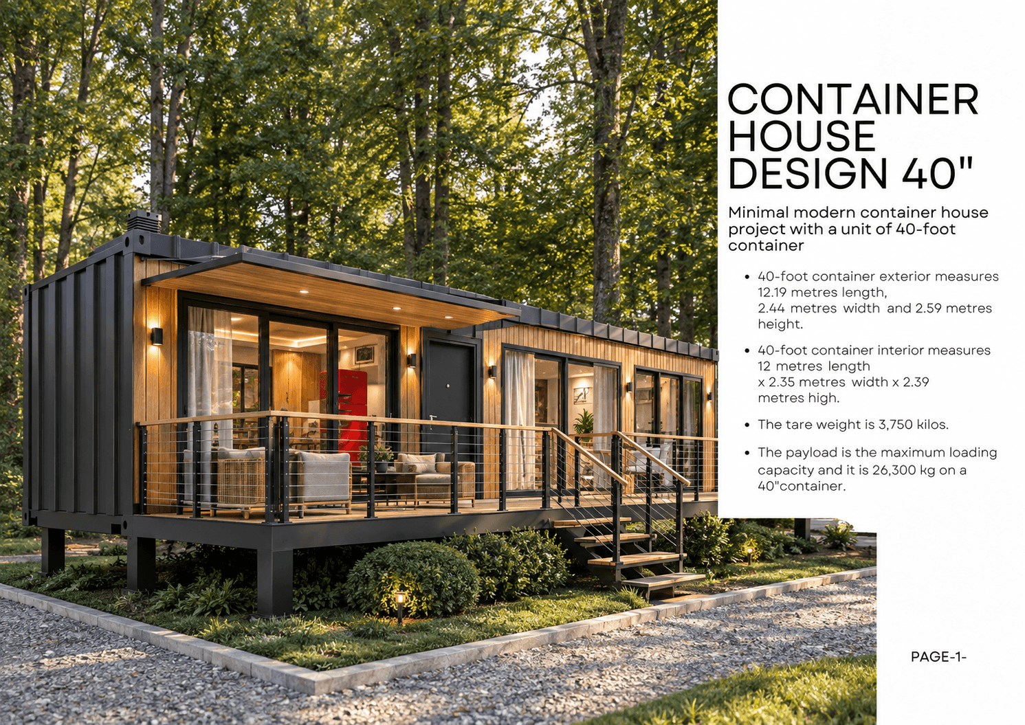 Single 40-foot container house exterior with wood deck, set in a forest