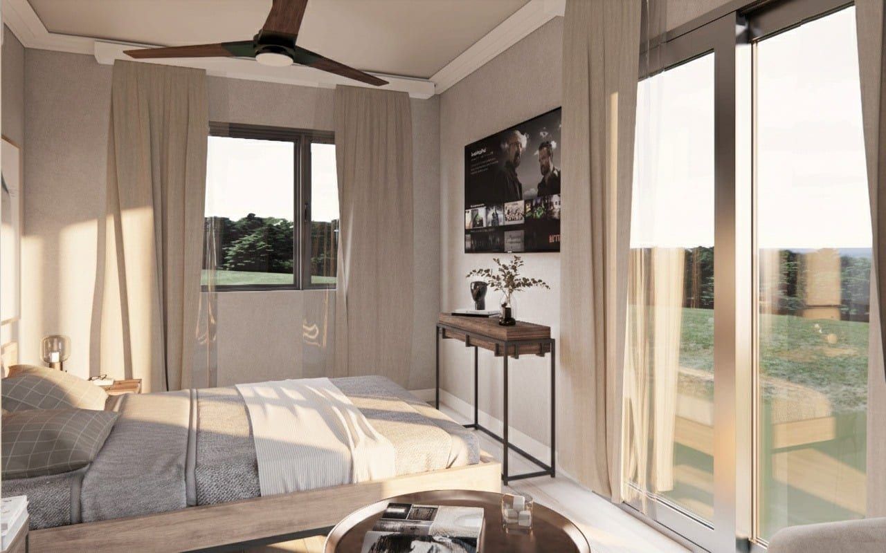 Compact hotel bedroom with floor-to-ceiling windows