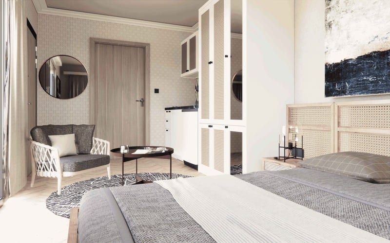Bed with console table and round mirror