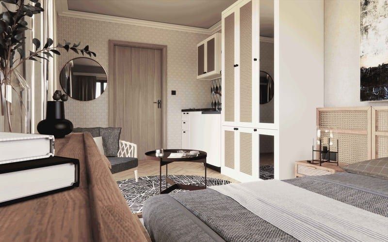 Seating nook beside the wardrobe and kitchenette