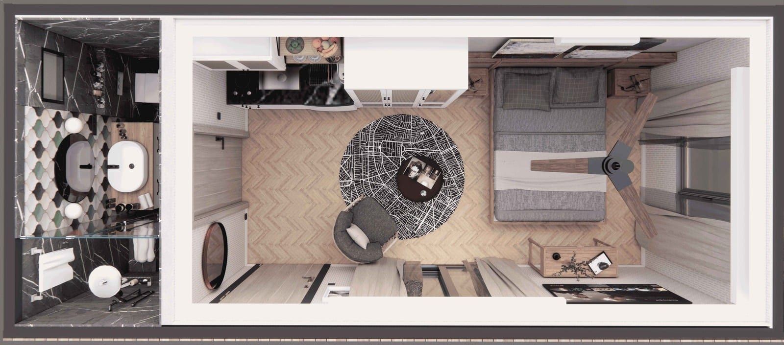 Top-down rendered layout of the compact hotel room