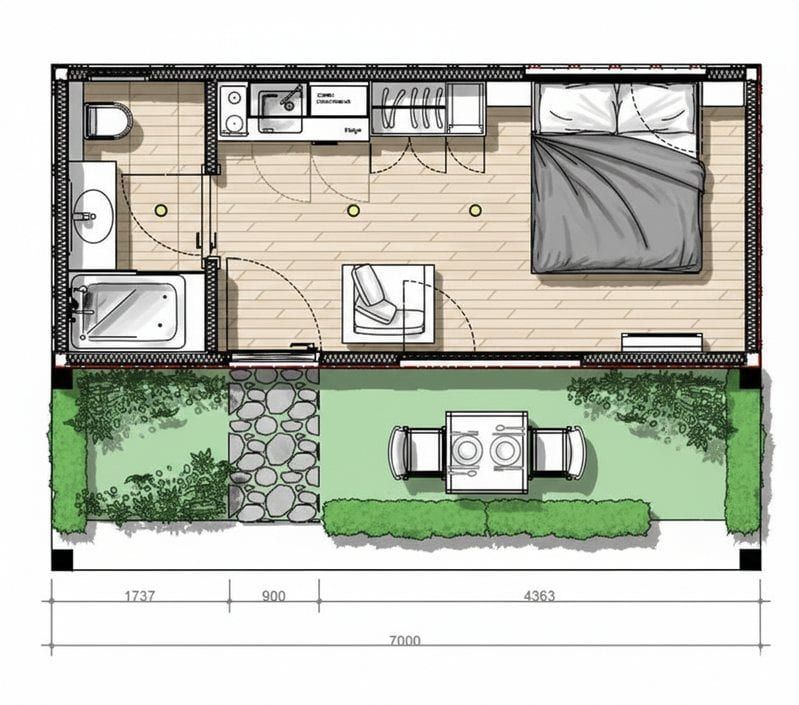Technical floor plan with garden and dimensions