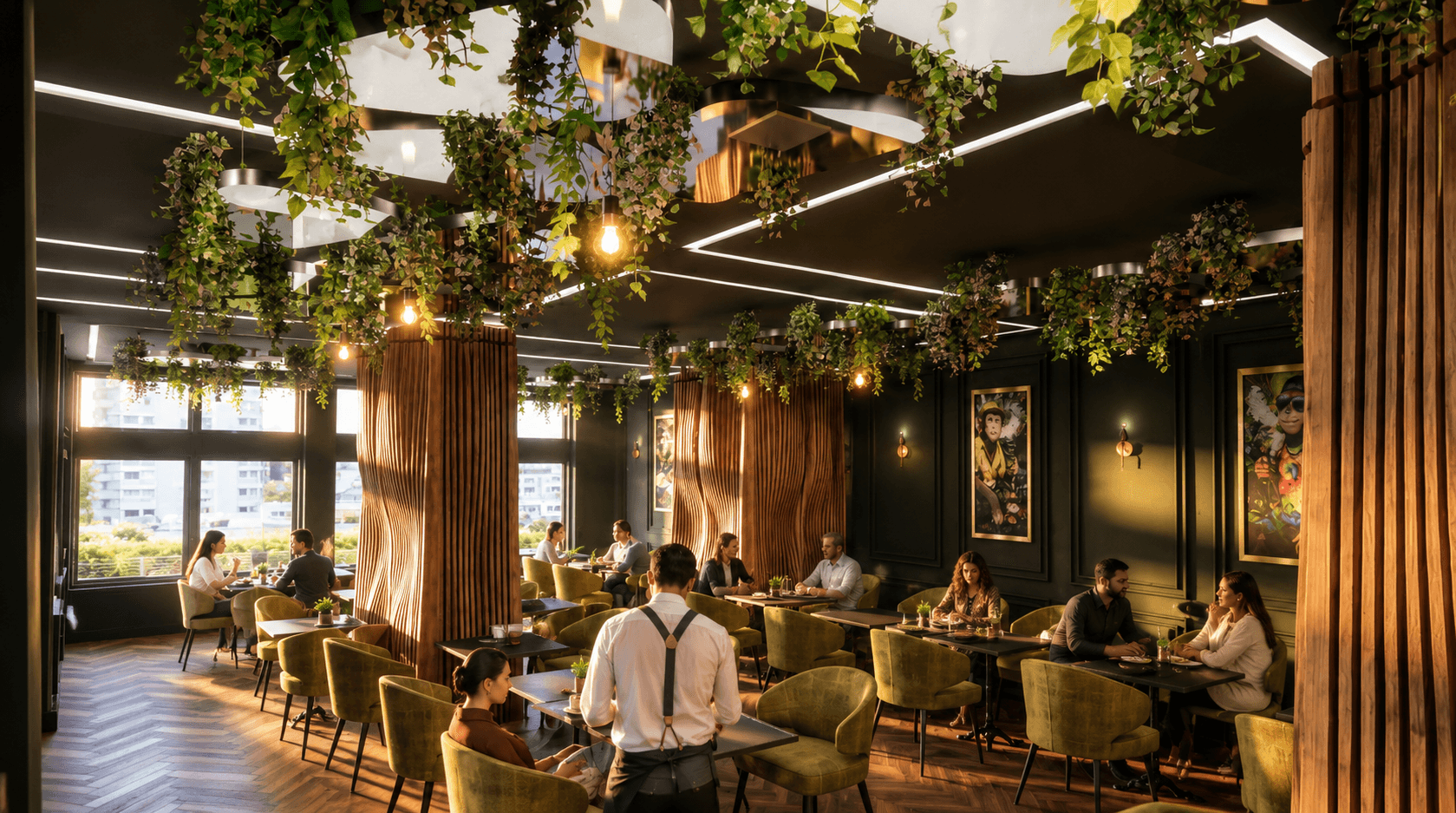 Dark green café interior with fluted wood columns and hanging greenery