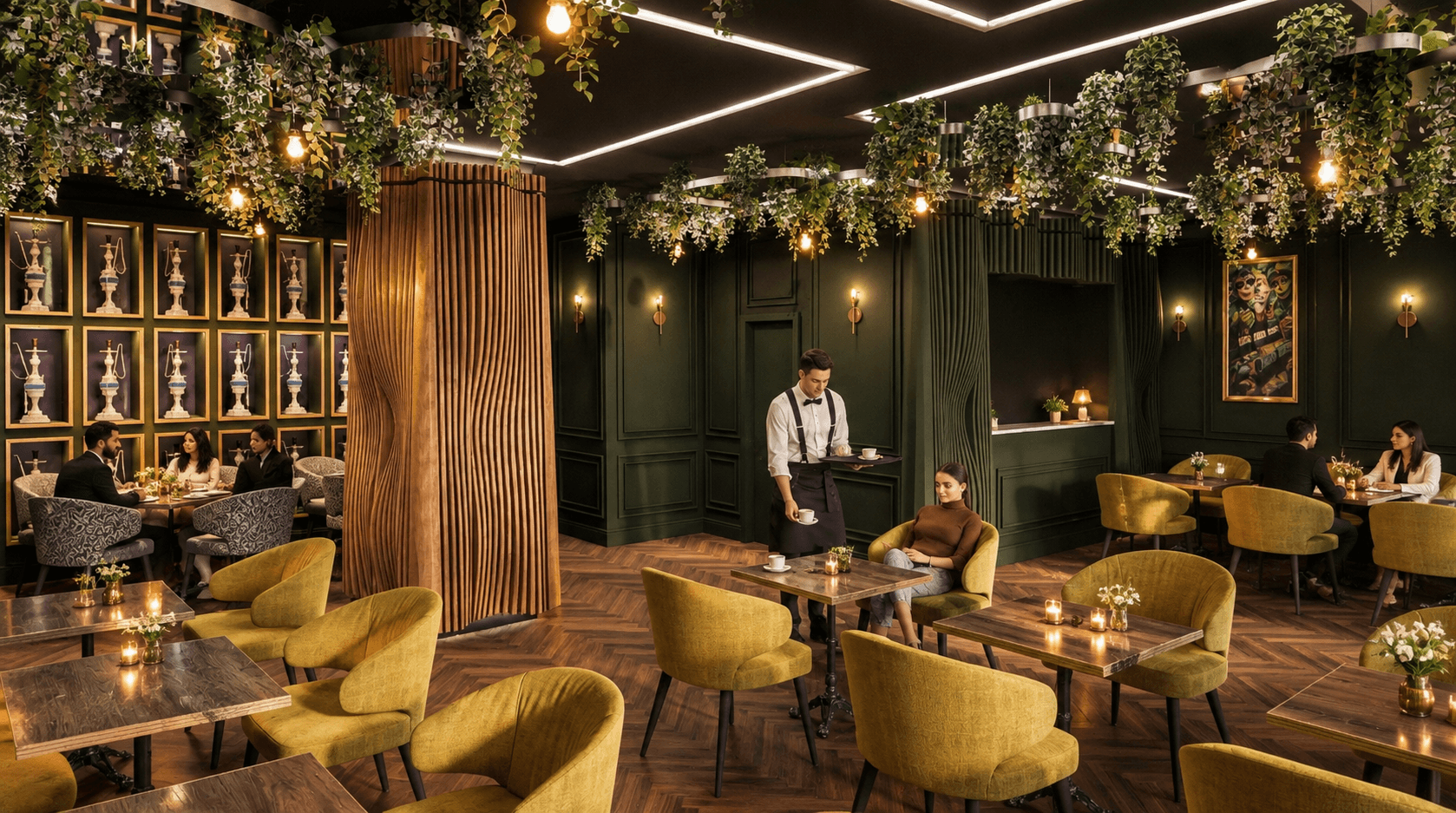 Reception and bar area framed by dark green paneling